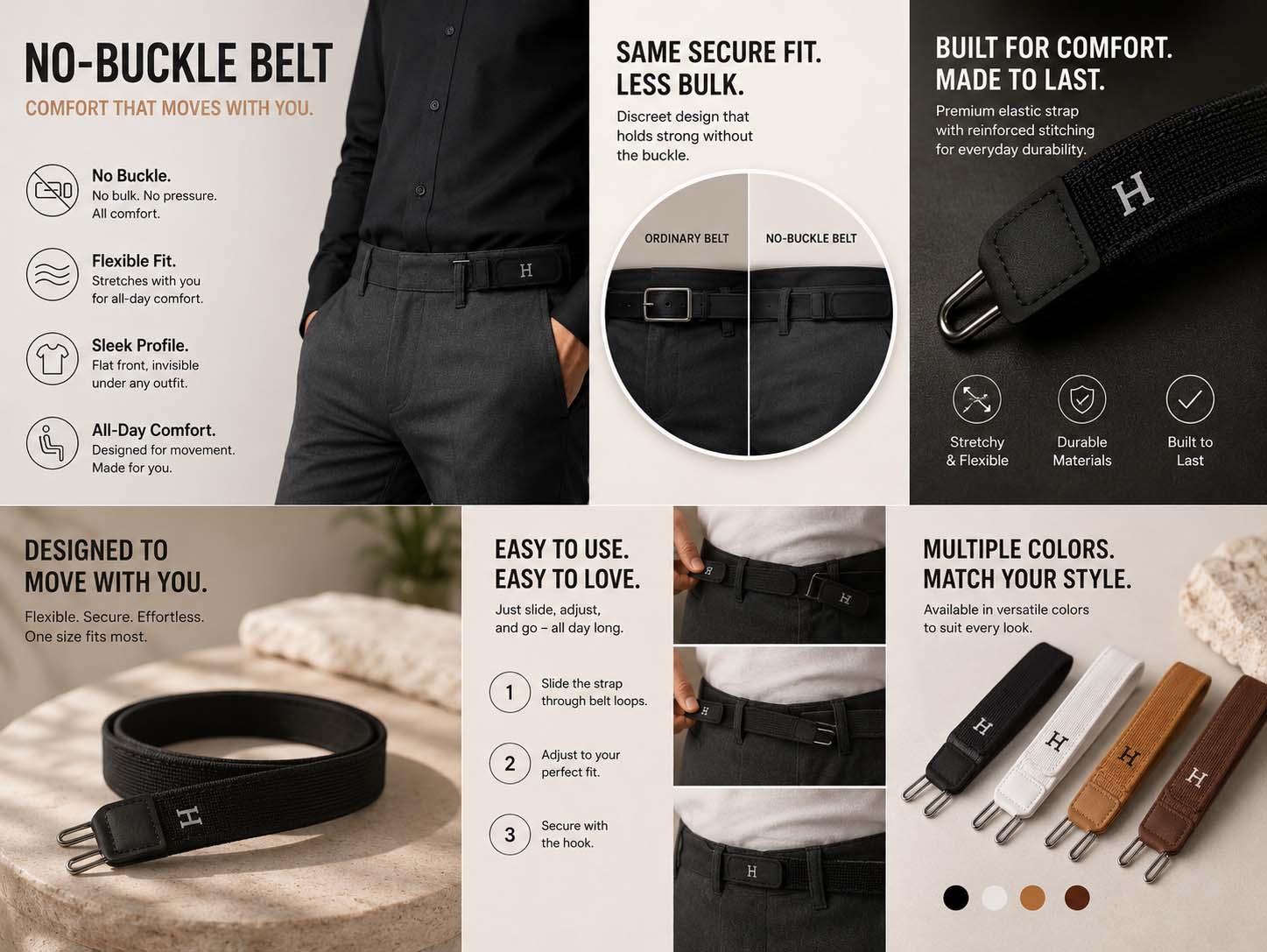 No-buckle belt design, adjustment steps, and color styling