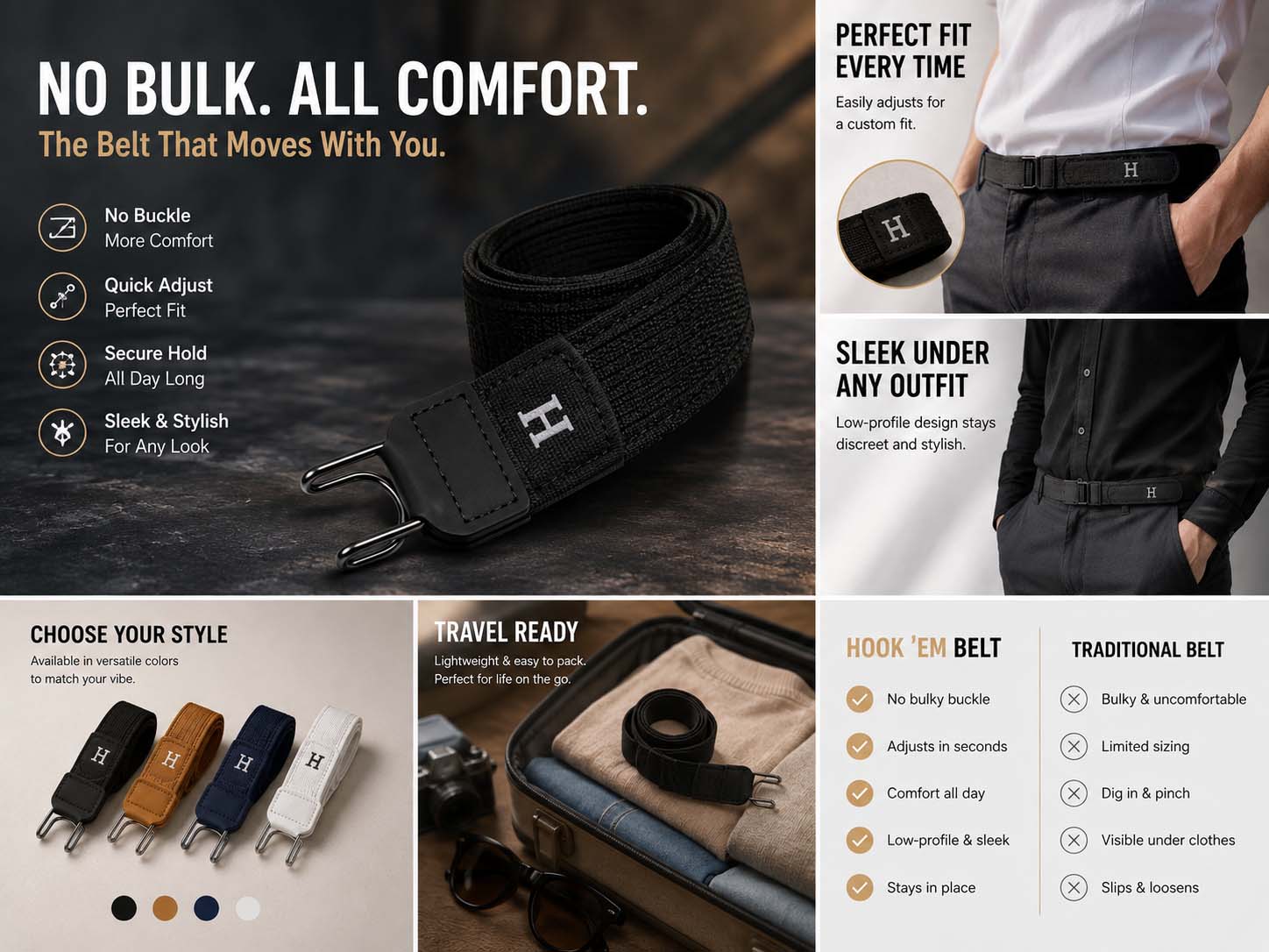 No-buckle belt fit, compact packing, and travel features
