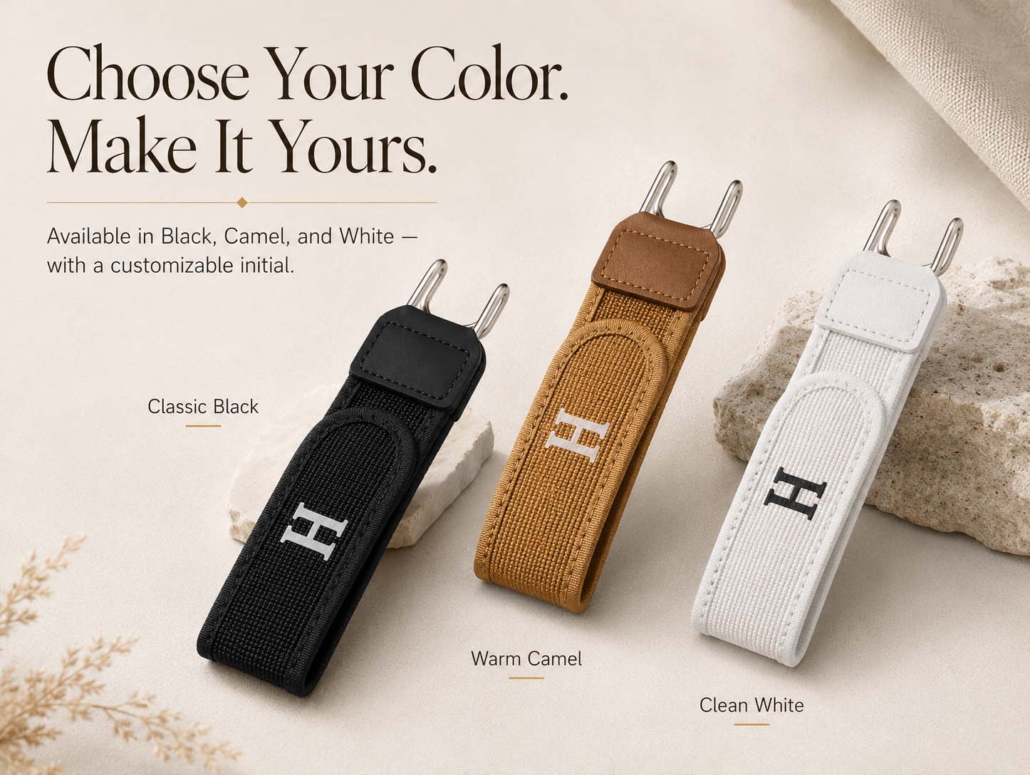 No-buckle belt color options and initial tab
