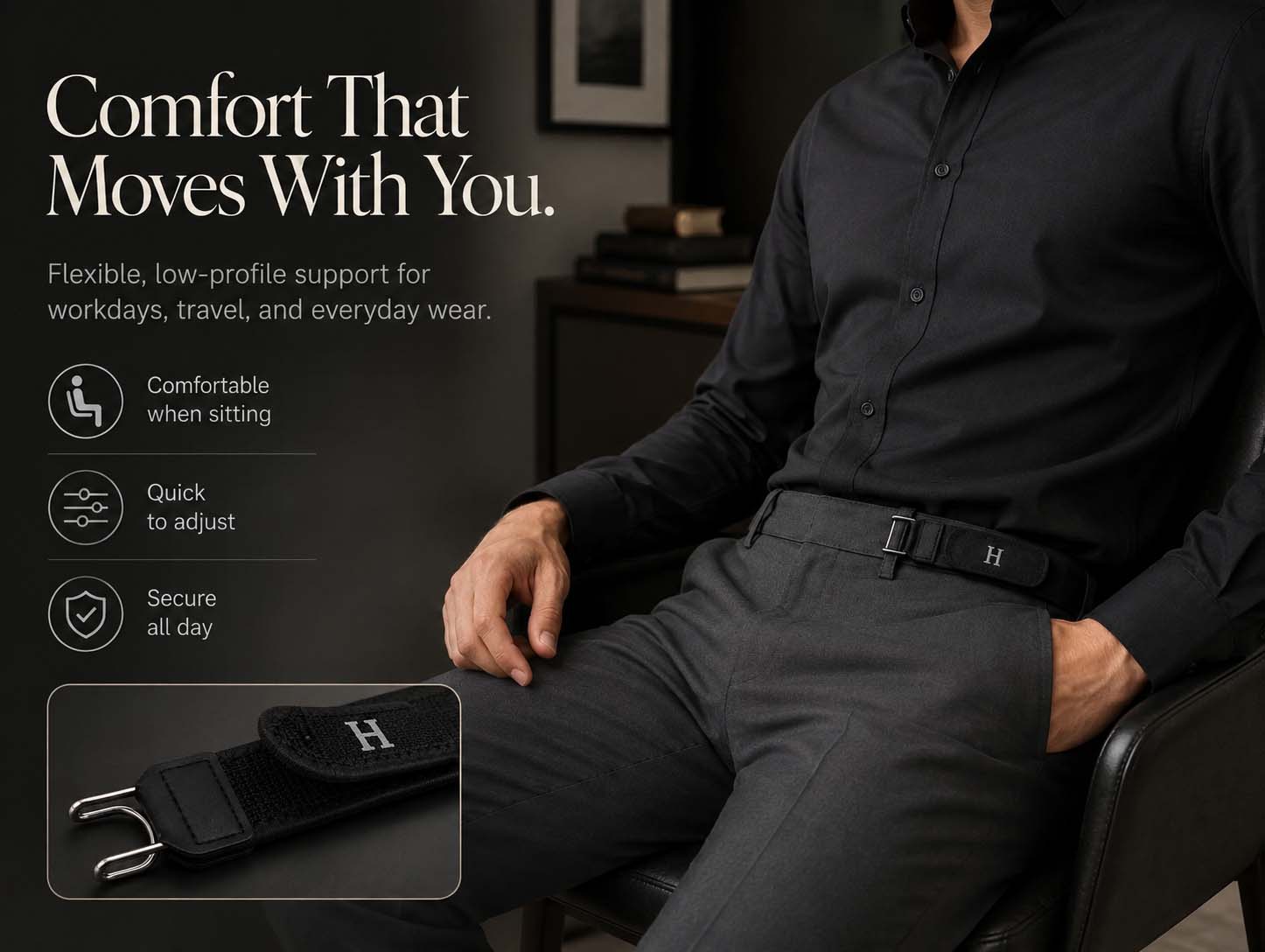 Comfortable no-buckle belt fit while seated
