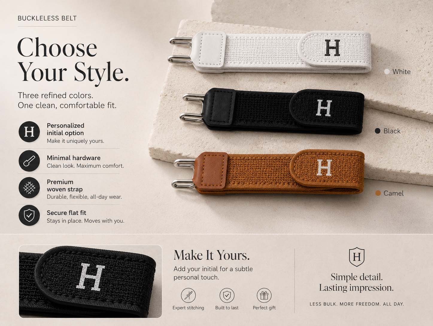 No-buckle belt styles, woven strap, and initial detail