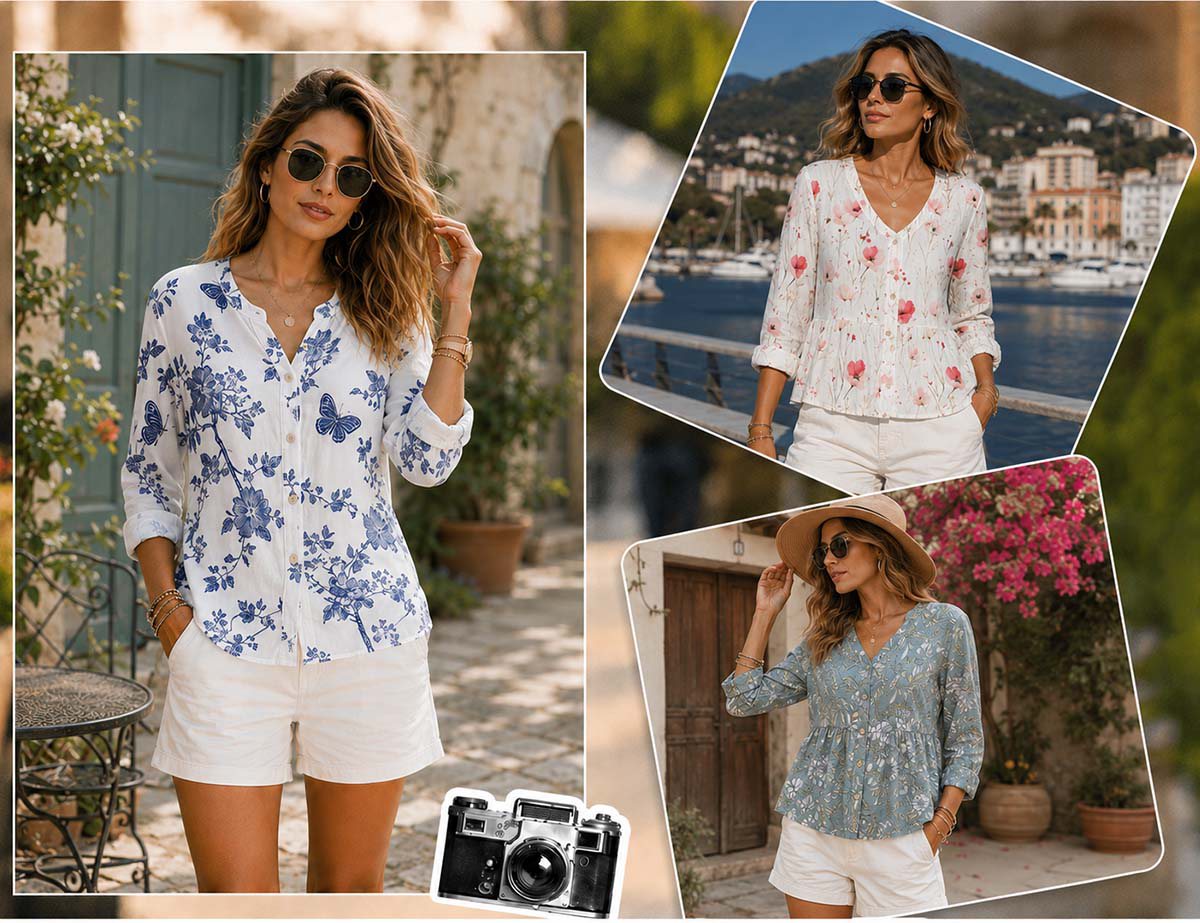 Botanical print blouse lifestyle collage