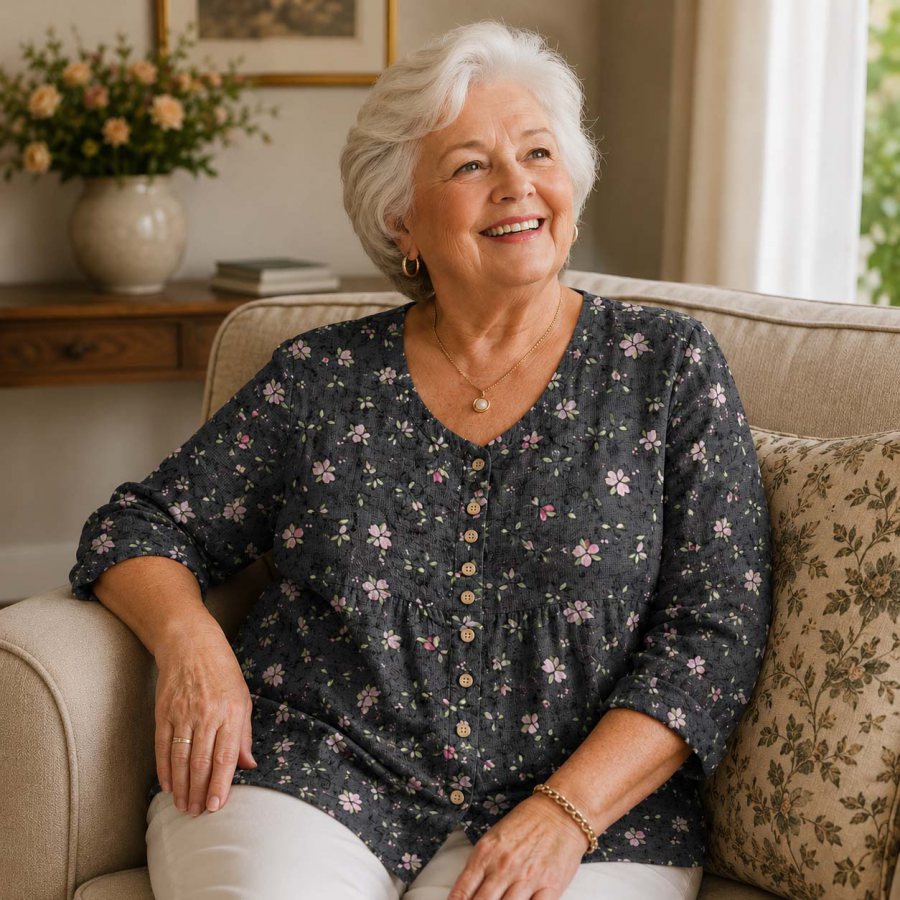 Linda wearing botanical blouse