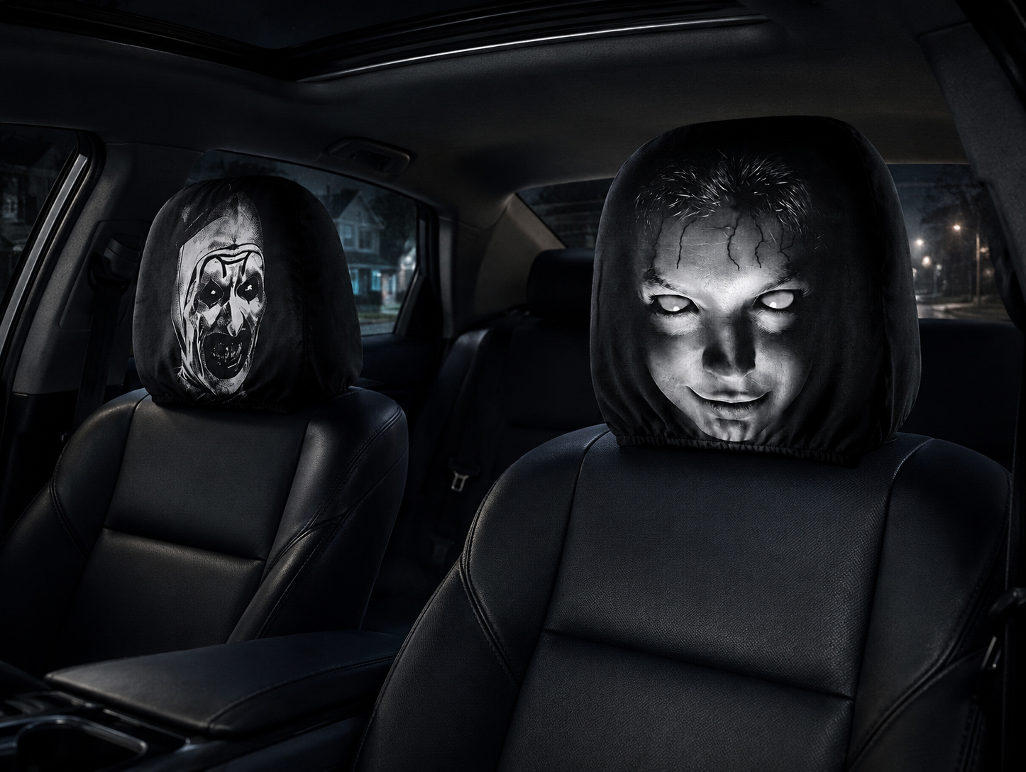Two horror-themed car headrest cover styles