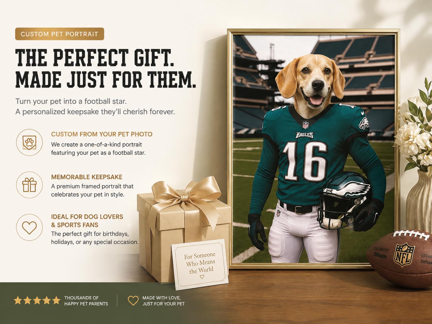 Dog transformed into a framed game-day football star portrait