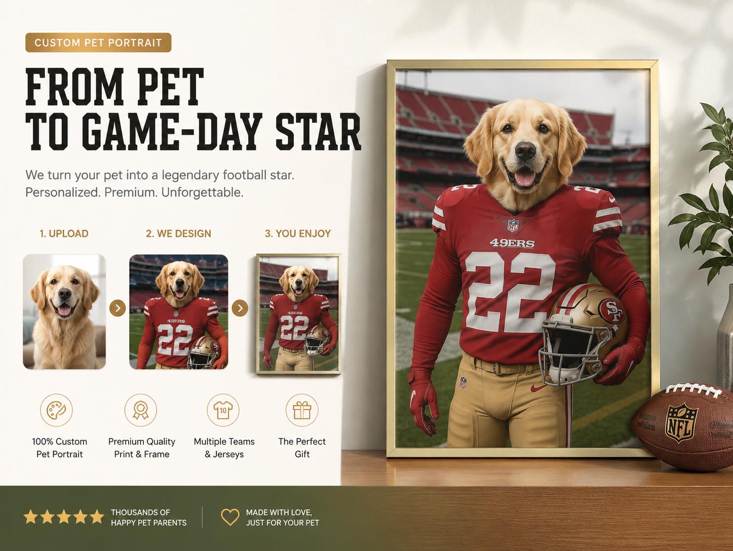 Pet photo turned into a premium football jersey portrait