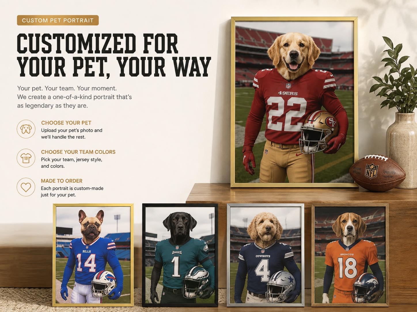 Personalized pet portrait with a selected team jersey and colors