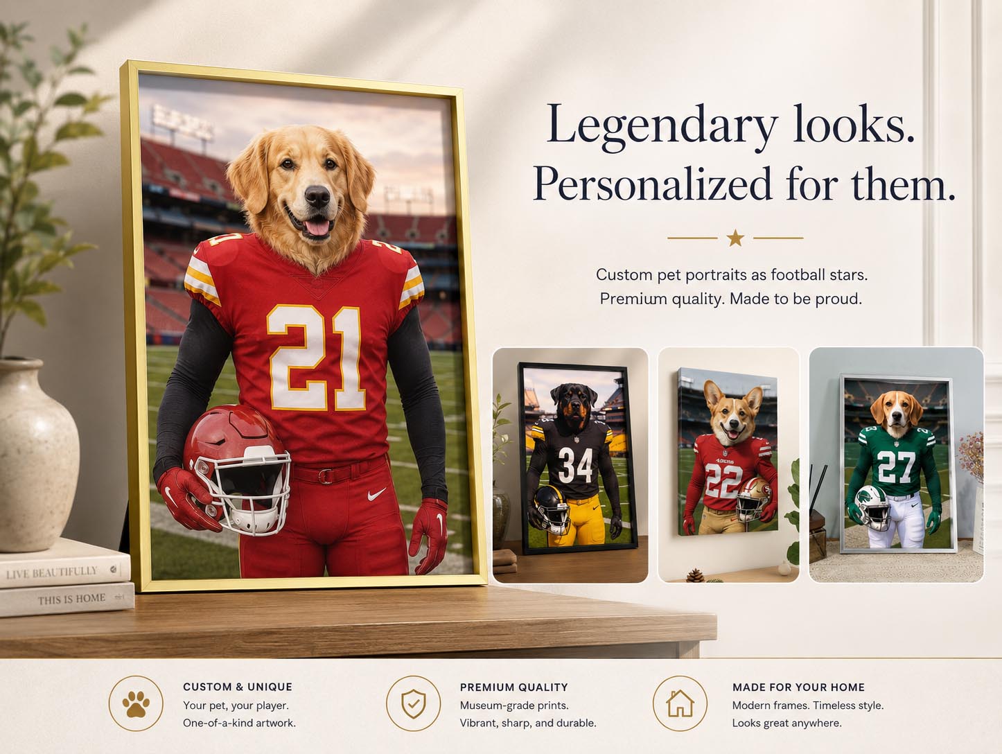 Custom football pet portrait shown in a premium frame
