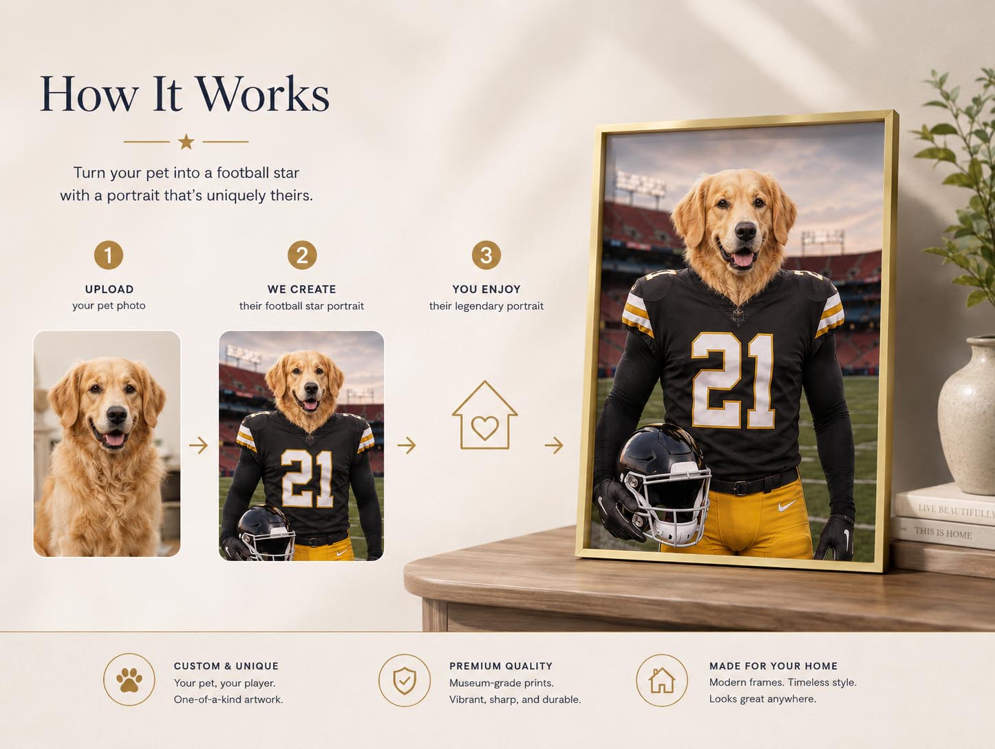 Personalized game-day portrait featuring a pet in a team jersey