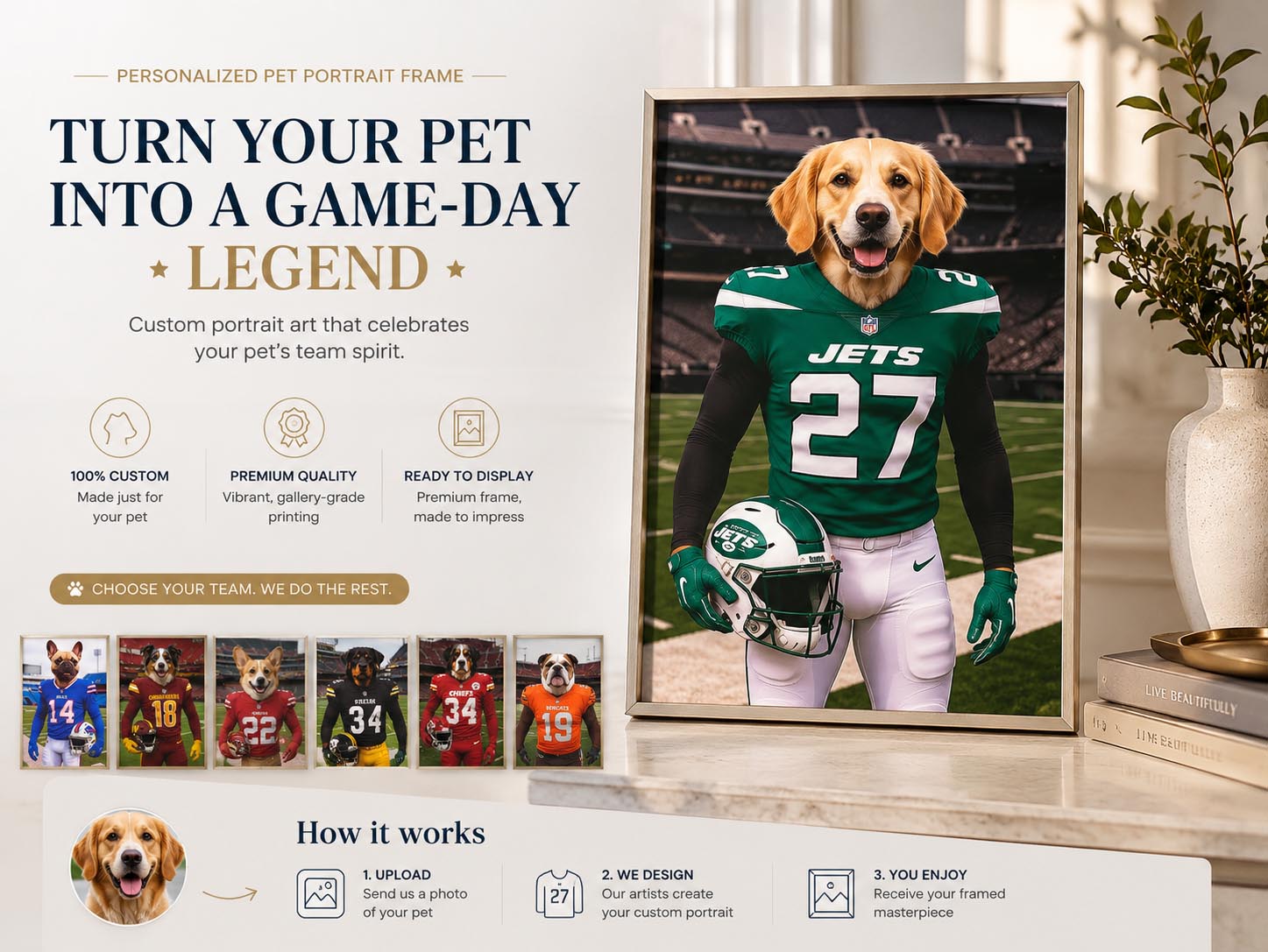 Framed custom pet football artwork ready for display