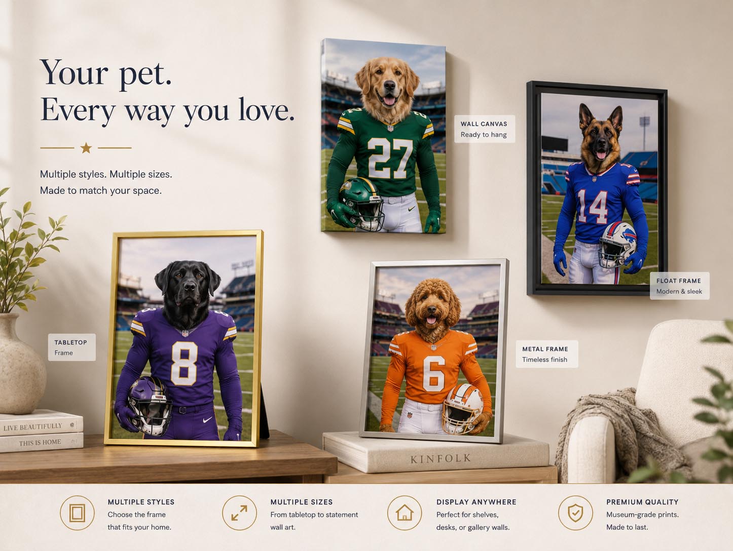 Museum-quality personalized pet portrait in football style