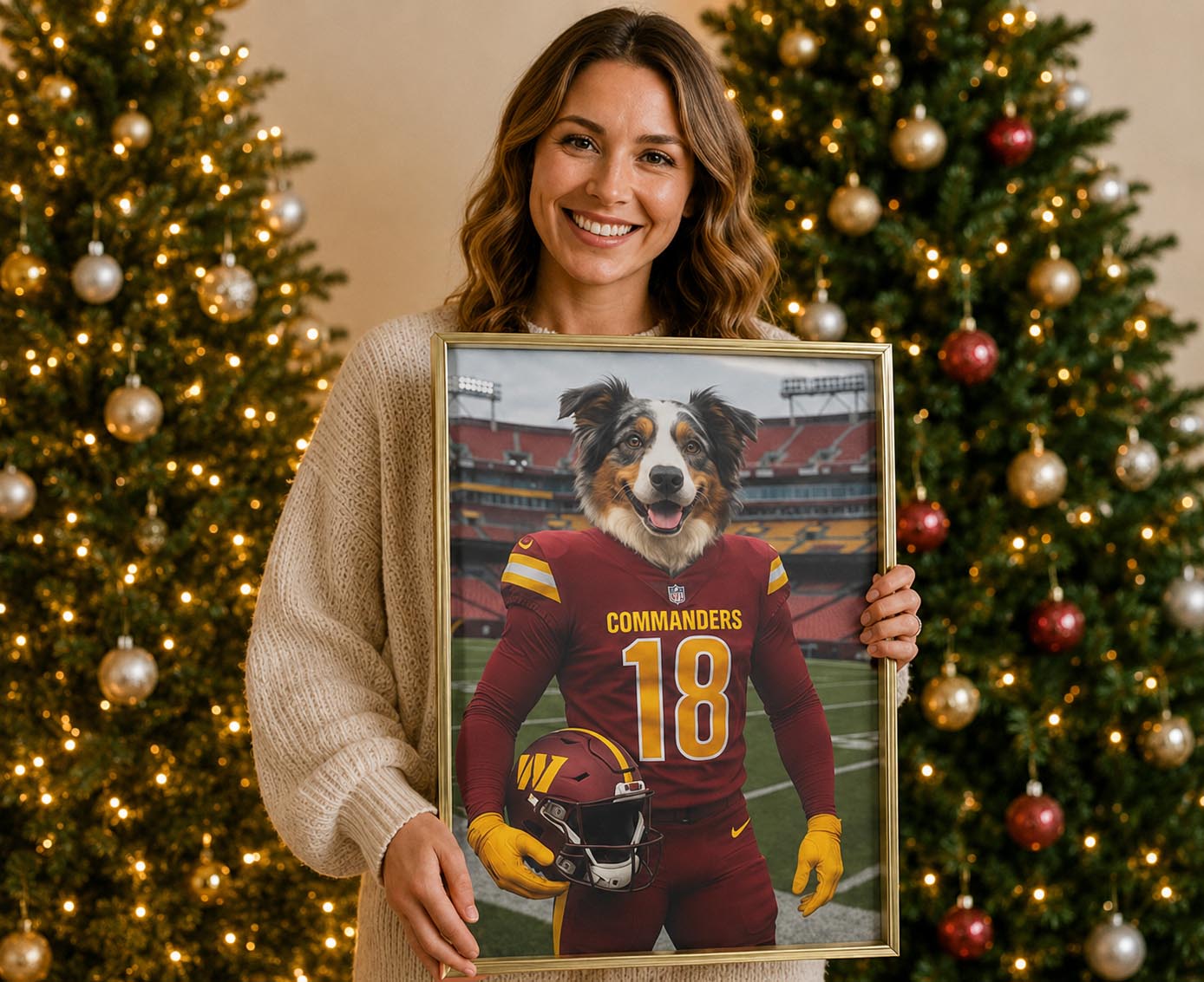 Customer dog displayed in a custom football portrait