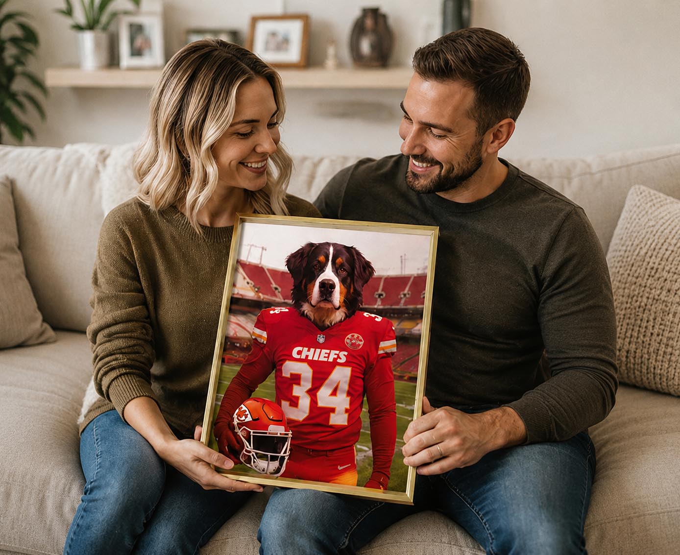 Custom framed football portrait of a customer's beagle