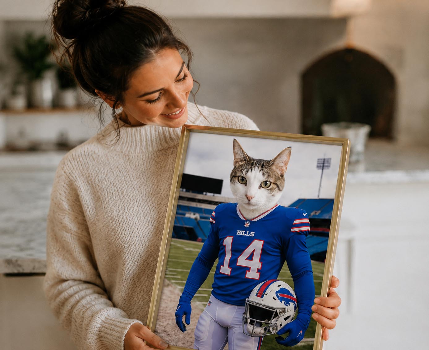 Customer cat shown in a personalized football jersey portrait