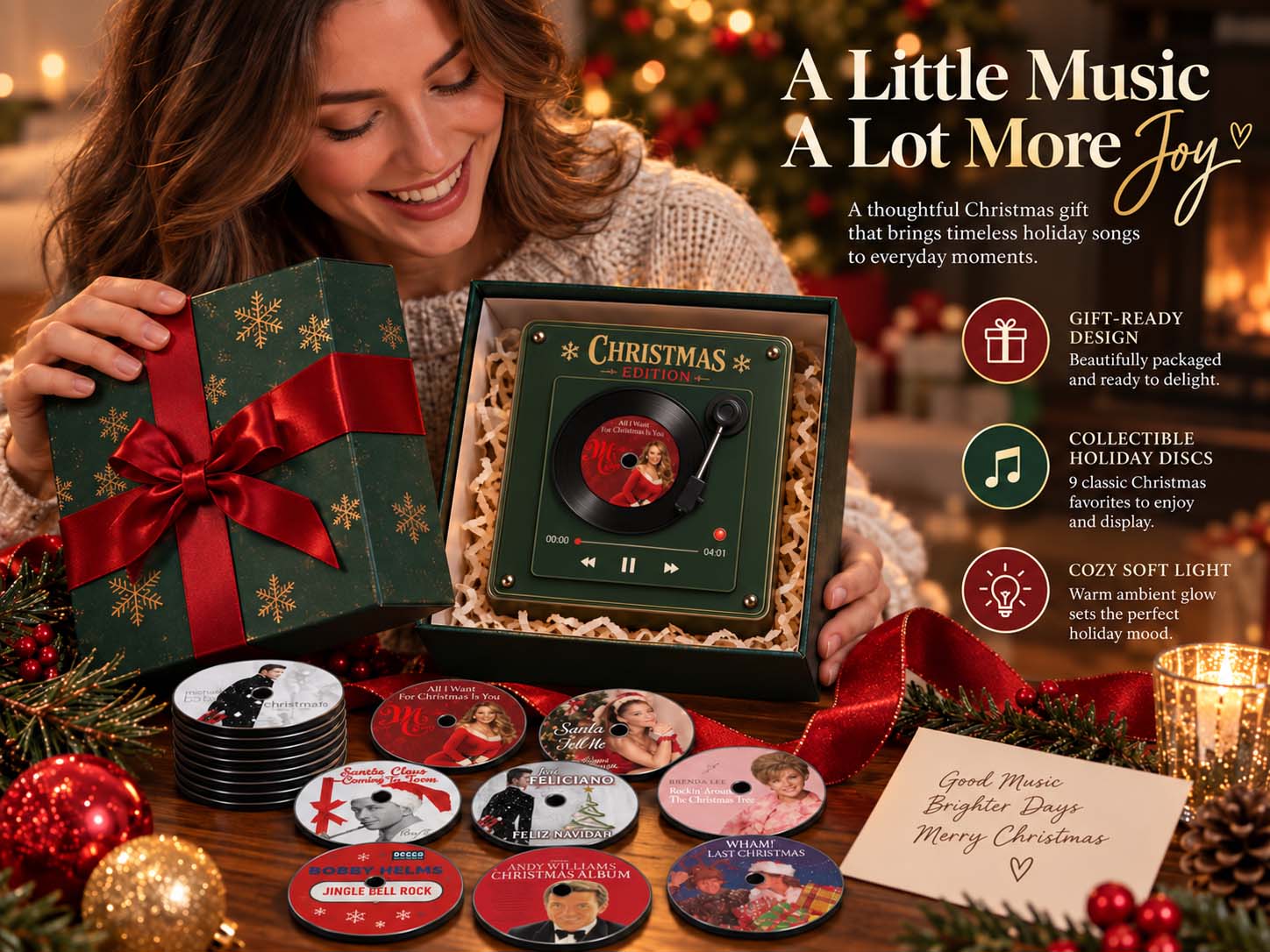 Gift-boxed Christmas record player with collectible holiday discs