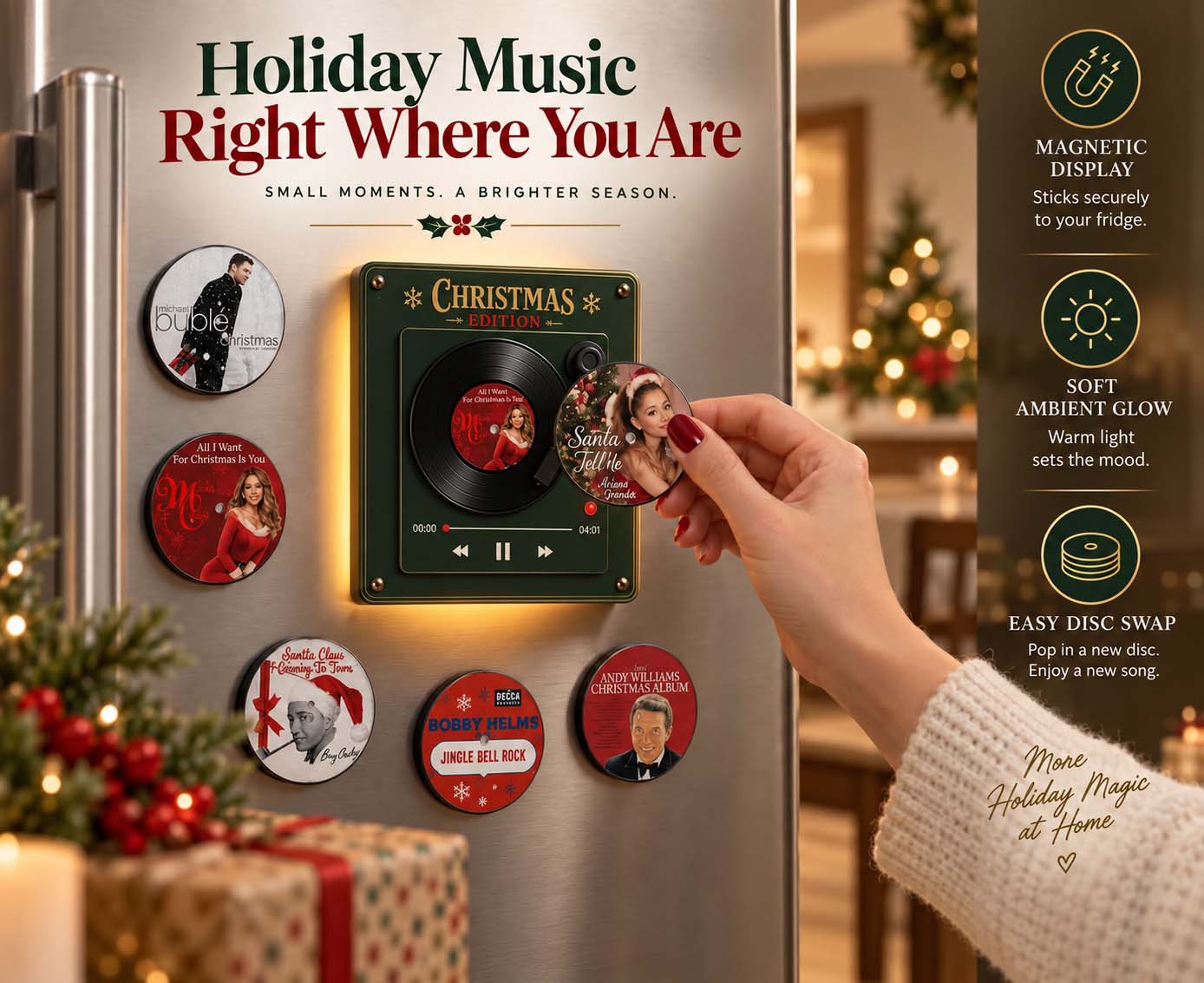 Secure magnetic refrigerator display with easy-to-swap holiday discs