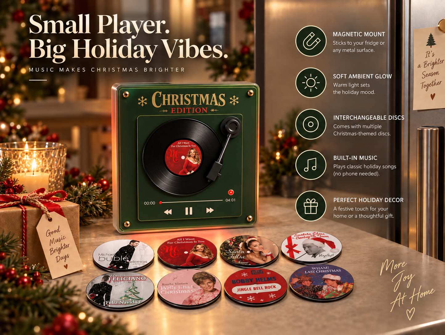 Magnetic mini record player with 9 swappable Christmas discs