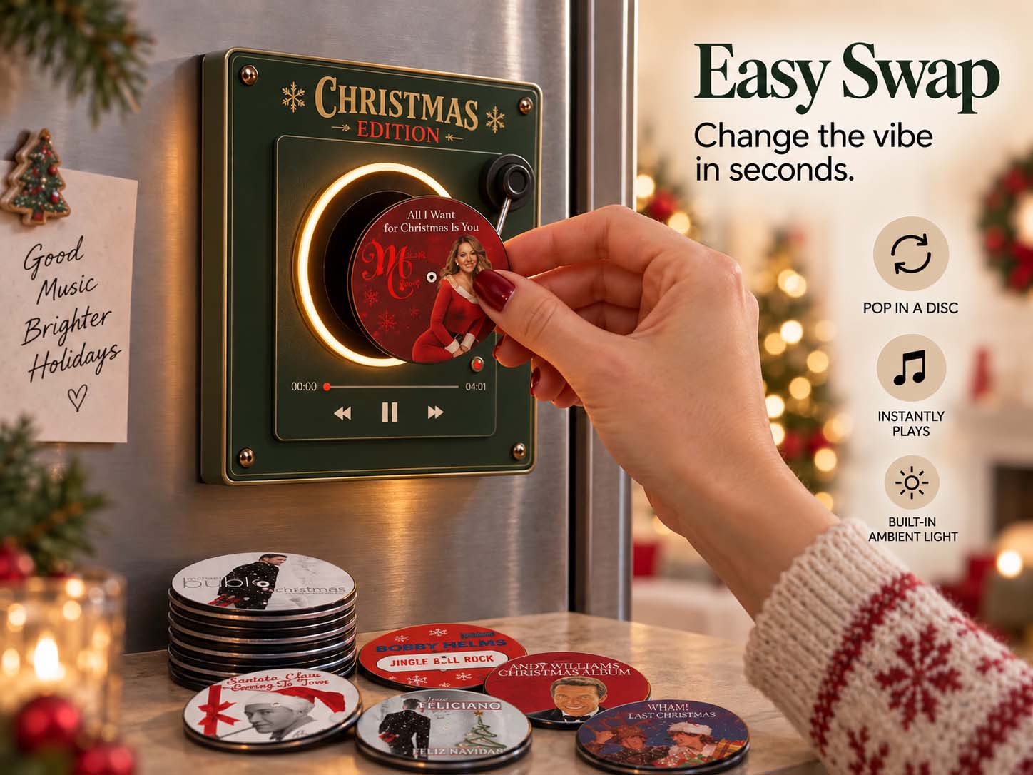 Easy-swap Christmas disc playing on the mini record player