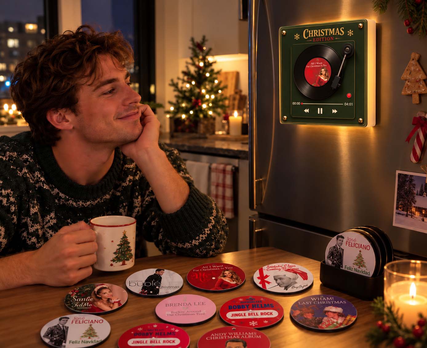 Customer listening to the Christmas mini record player at night