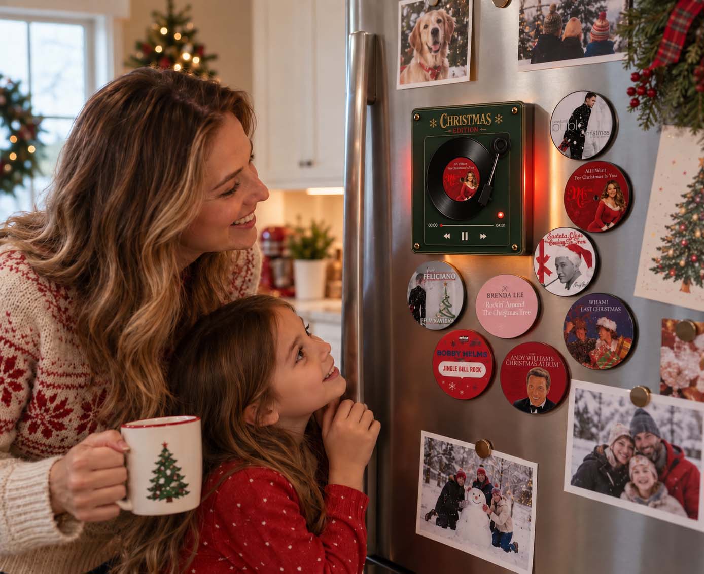 Family enjoying the warm glow of the magnetic holiday record player