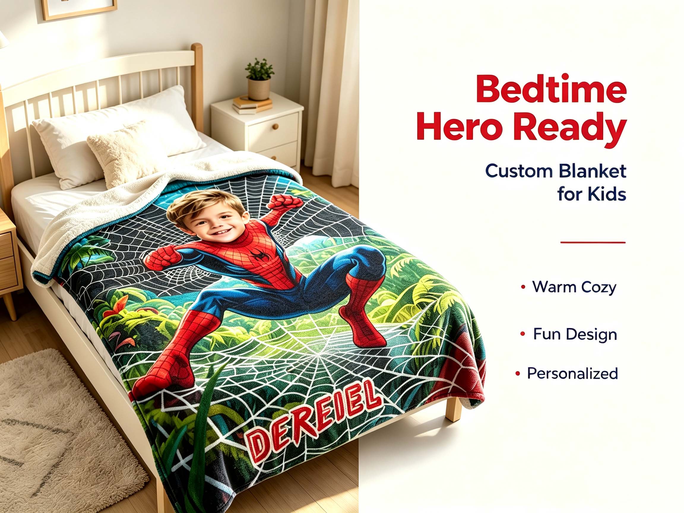 Personalized adventure blanket shown in a child bedroom