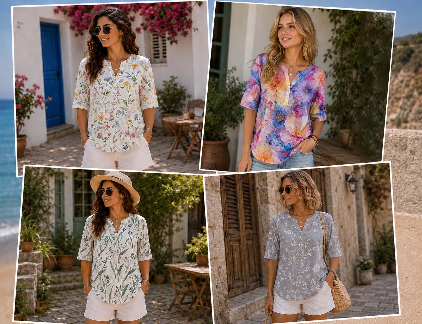 Floral Henley top lifestyle collage
