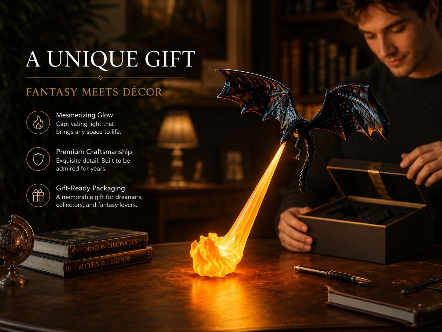 Dragon flame lamp presented as a fantasy gift