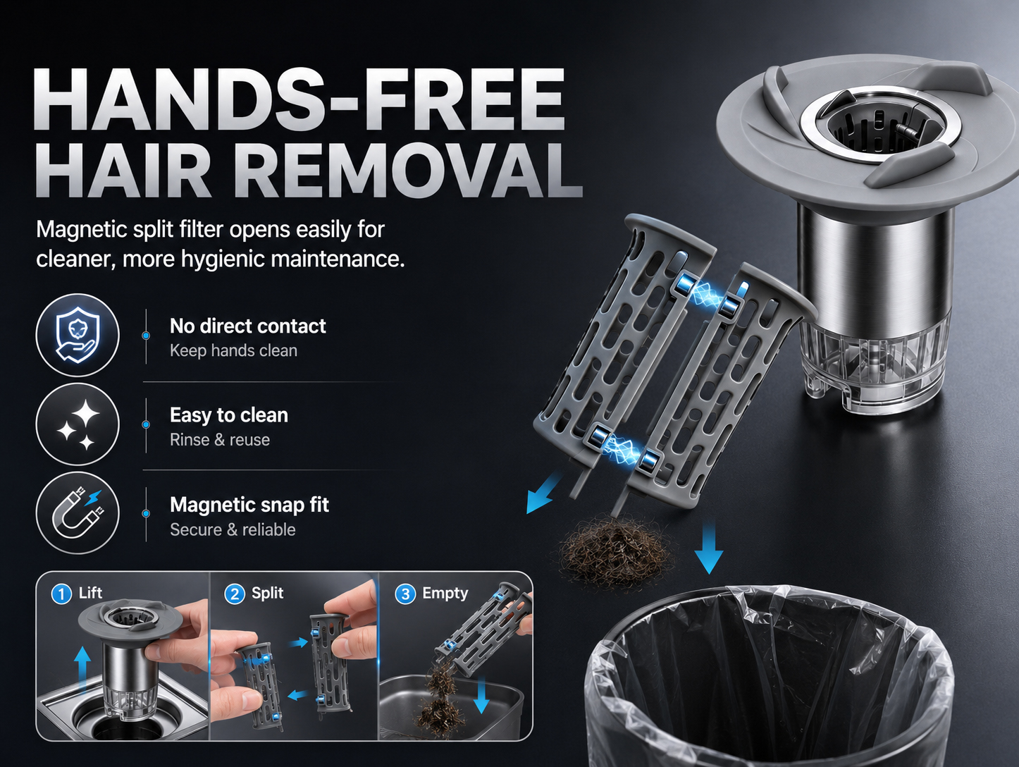 Hands-free magnetic split hair filter