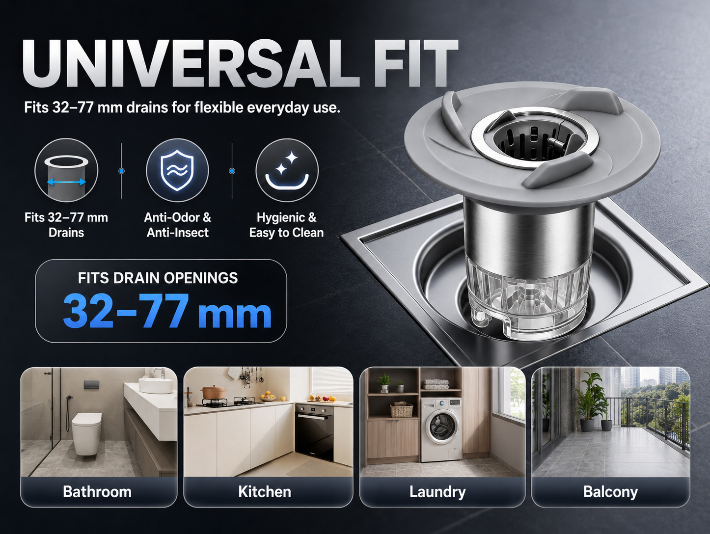 Universal drain fit from 32 to 77 millimeters