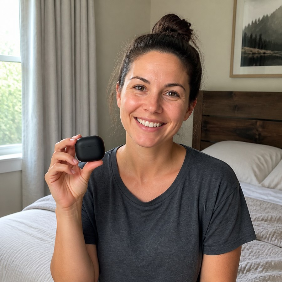 Laura holding the magnetic nasal dilator travel case