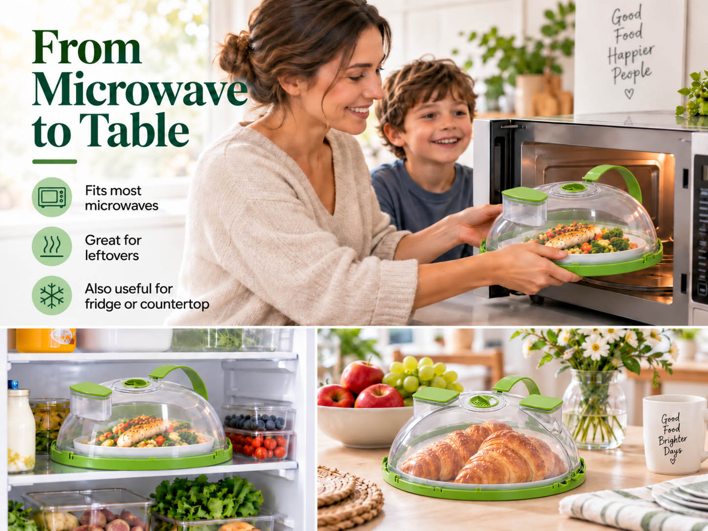 Microwave cover used from microwave to table to fridge