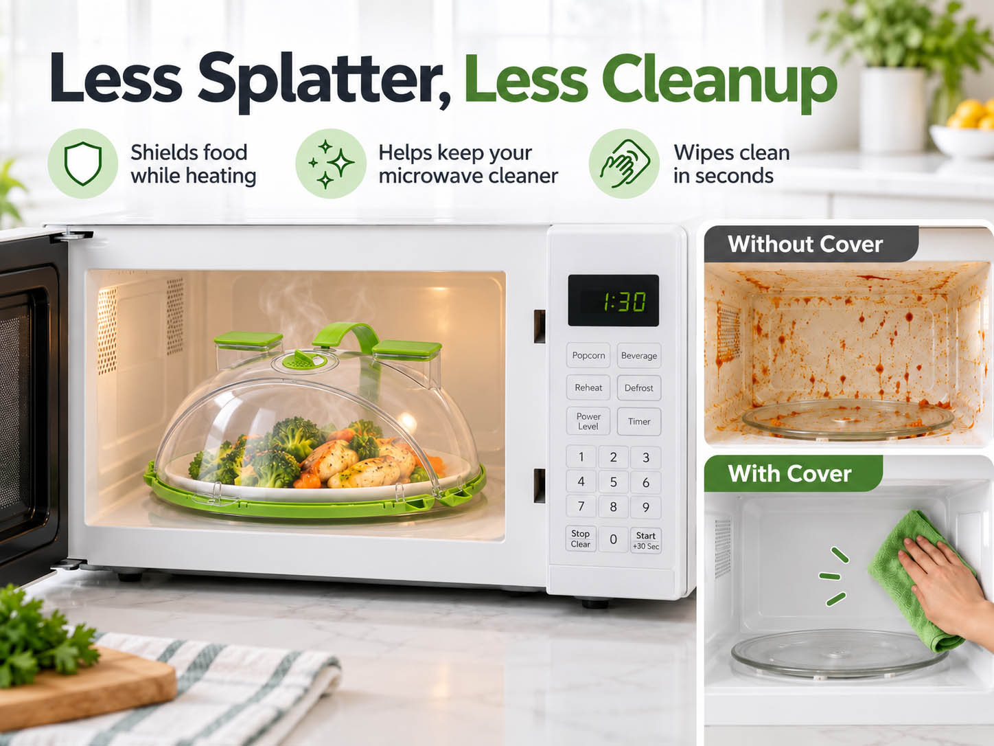 Microwave cover containing food splatters