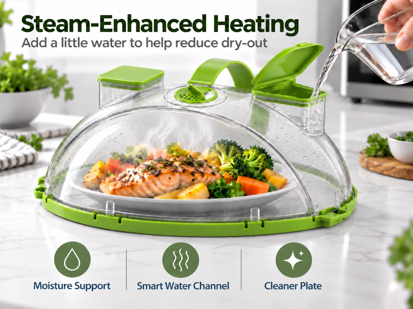 Water-fill chamber circulating steam to keep food moist