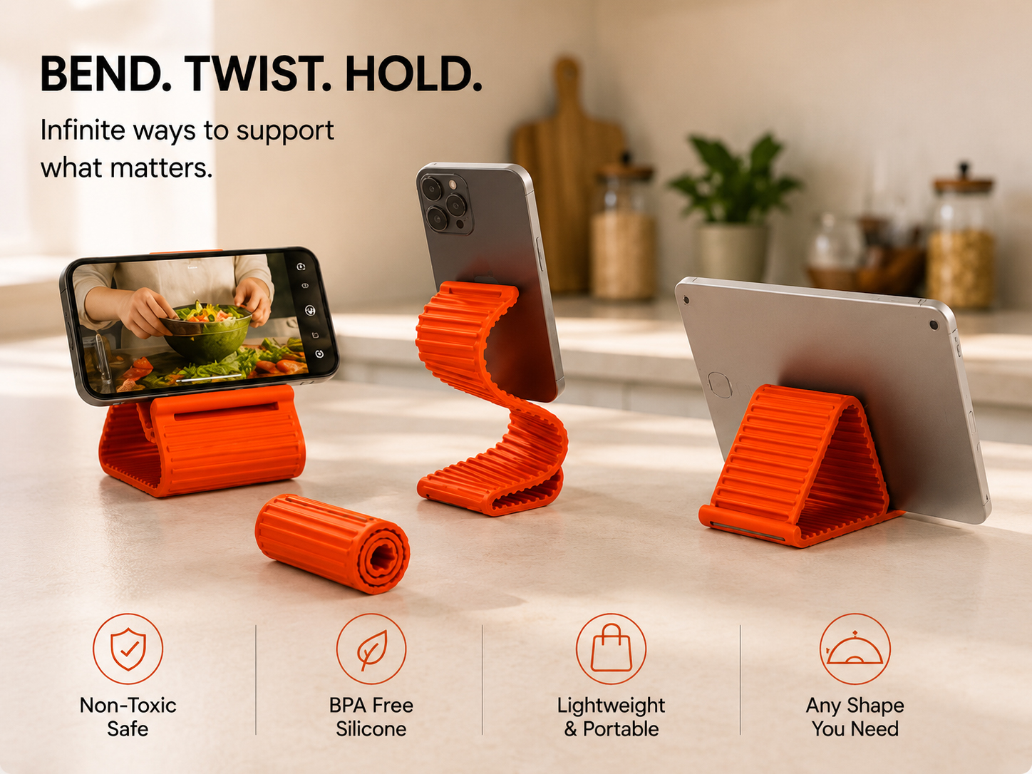 Flexible stand holding phones and a tablet