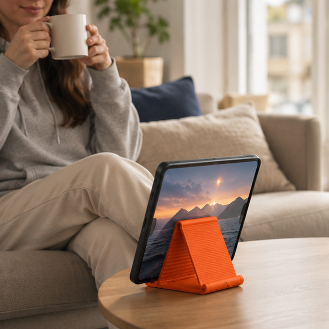 Eunice using the flexible stand with a tablet