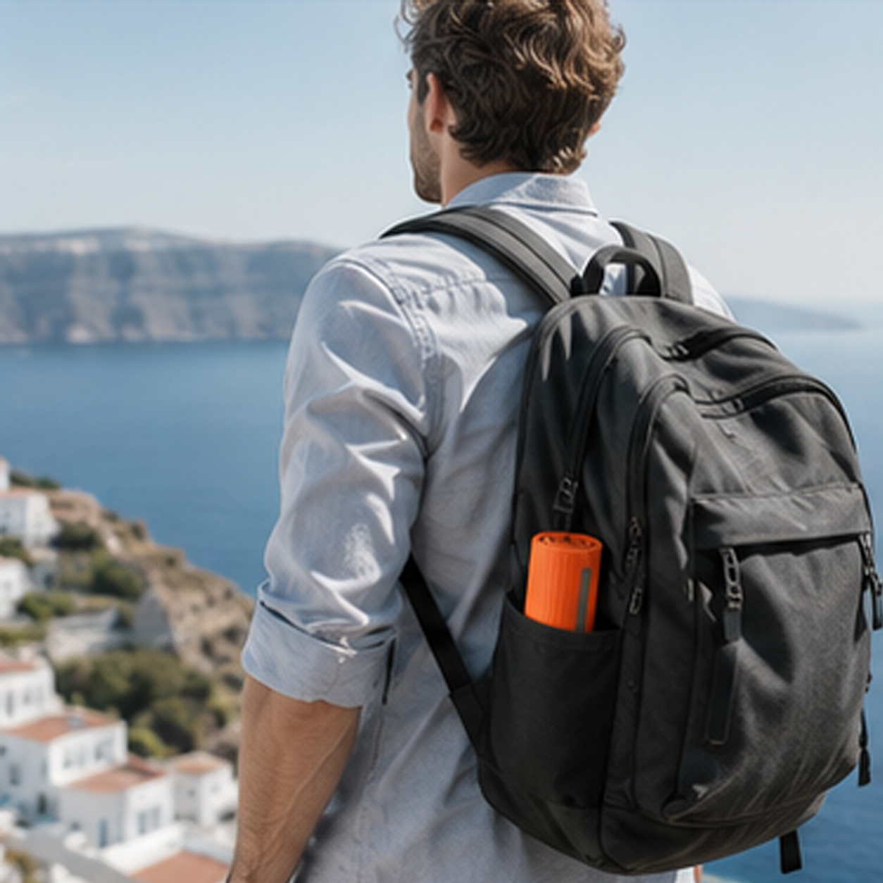 Julius carrying the pocket-sized stand while traveling