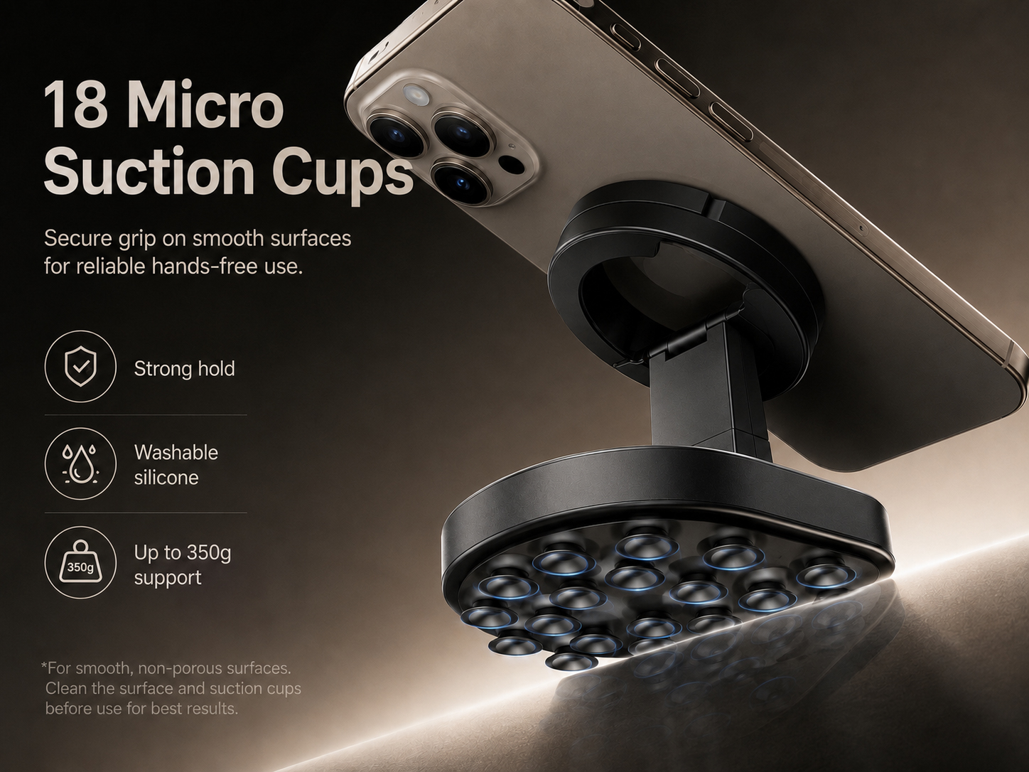 Eighteen micro suction cups gripping a smooth surface