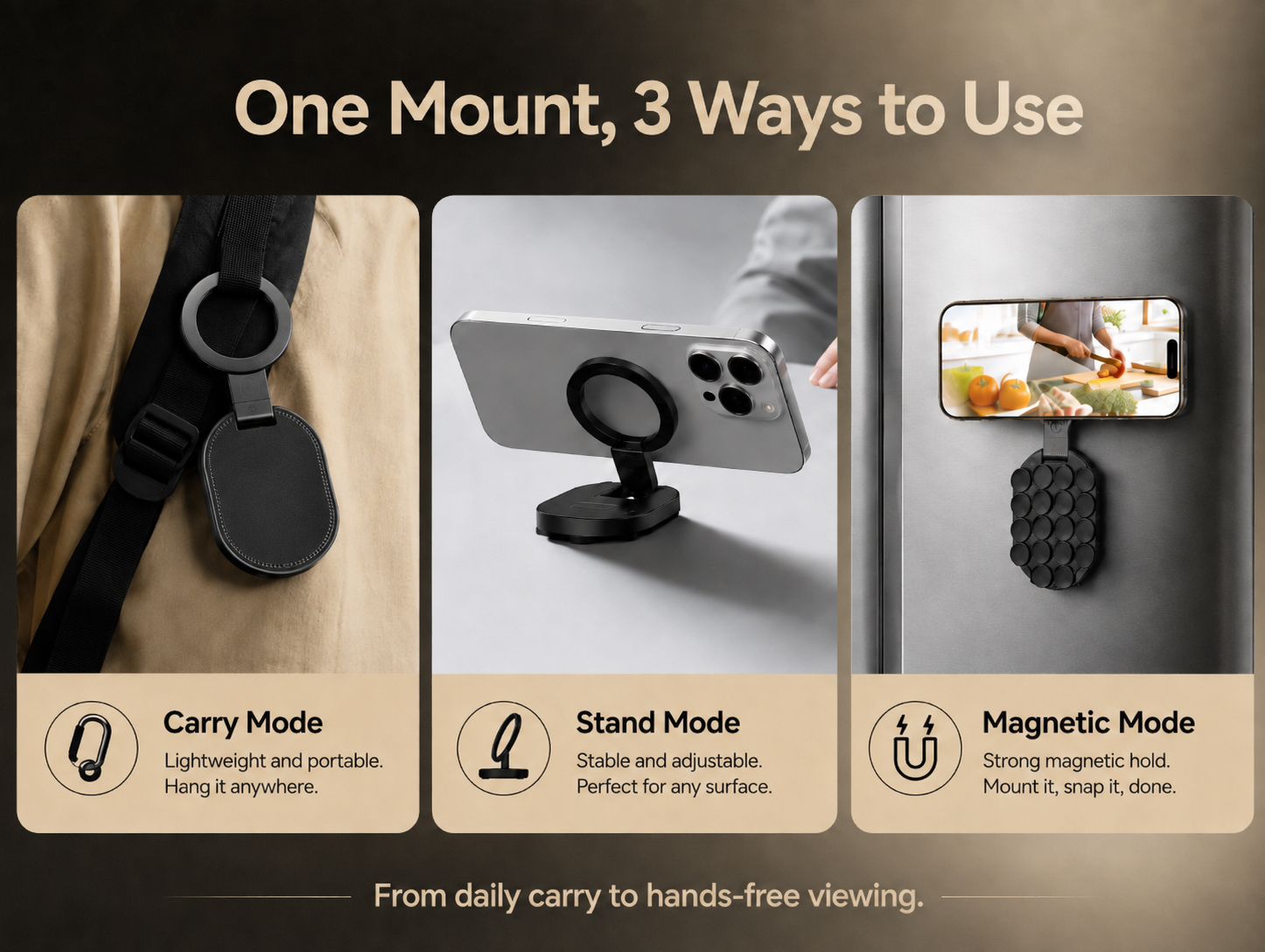 Phone mount used as a carry hook, desktop stand and magnetic mount