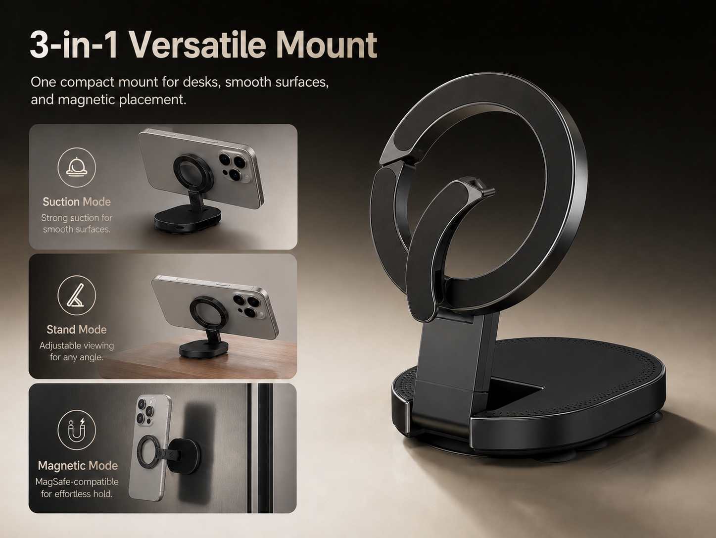 MagSafe phone mount in suction, stand and magnetic modes