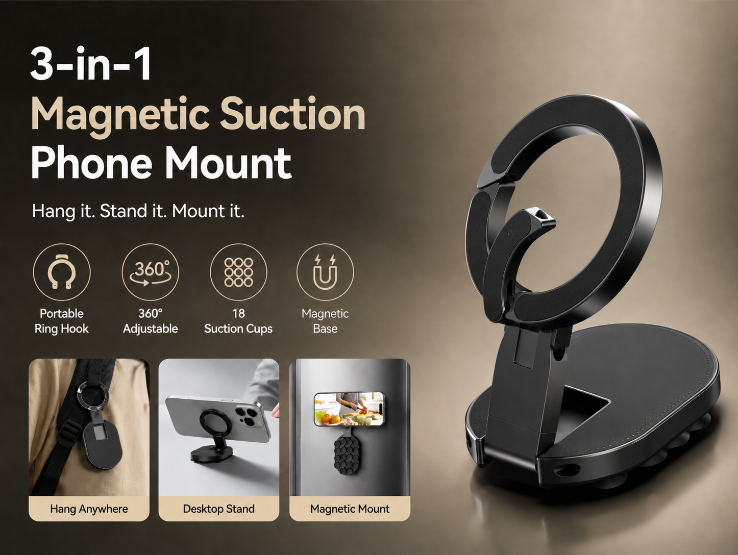 3-in-1 magnetic suction phone mount
