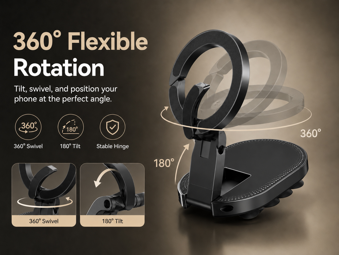 Phone mount with 360-degree rotation and 180-degree tilt