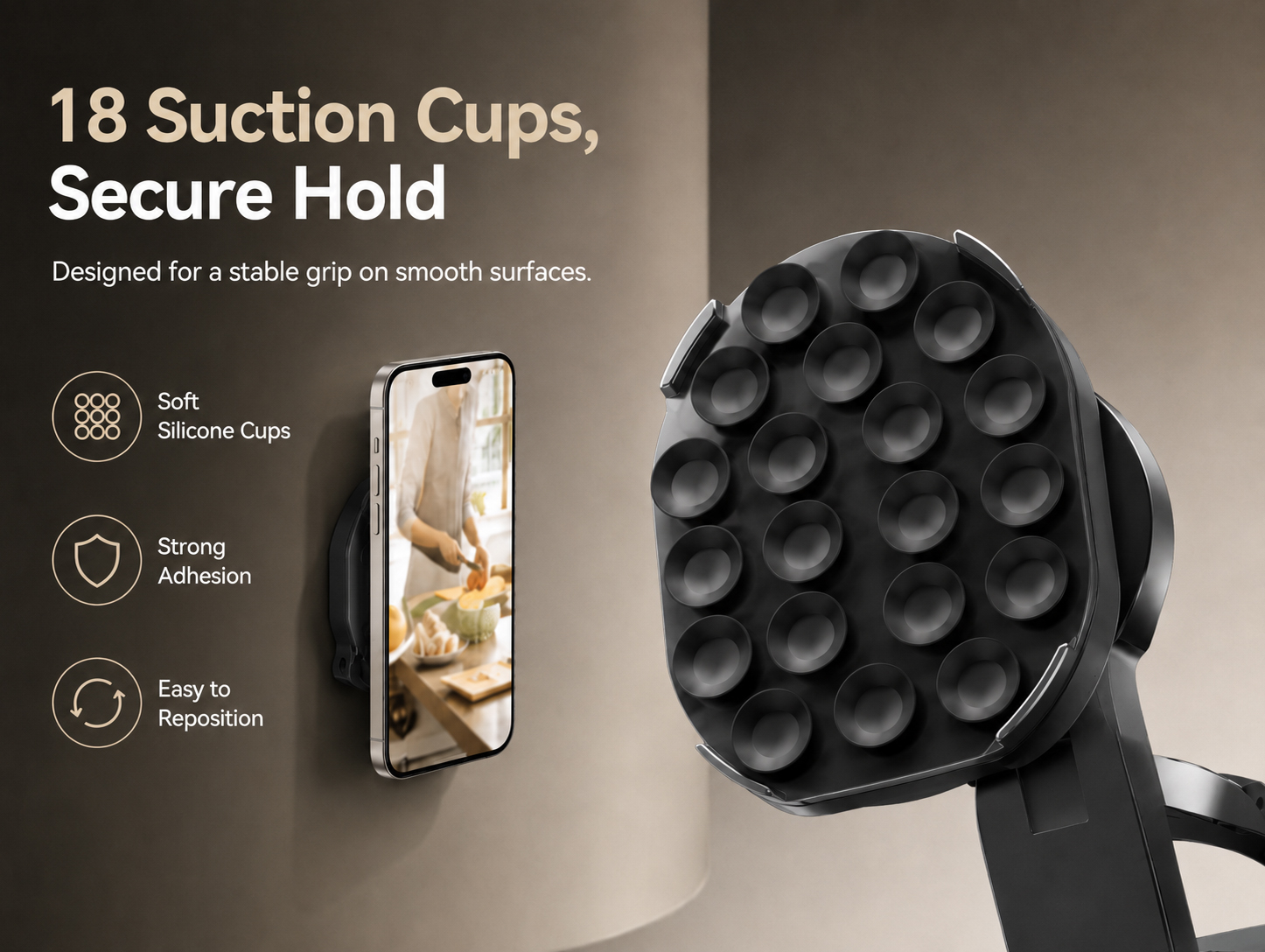 Phone mount with 18 reusable suction cups