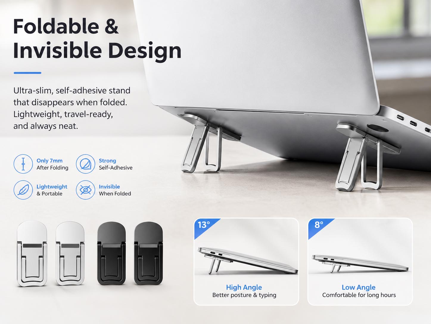 Laptop stand folding down to a nearly invisible 7mm profile