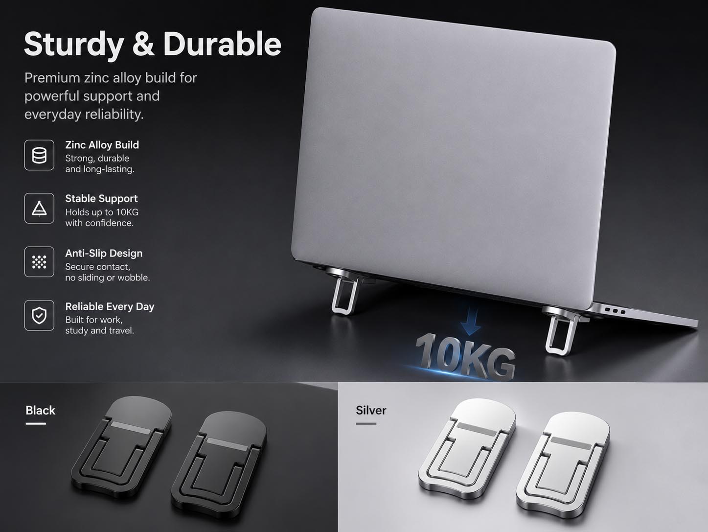 Strong zinc alloy stand supporting a laptop securely