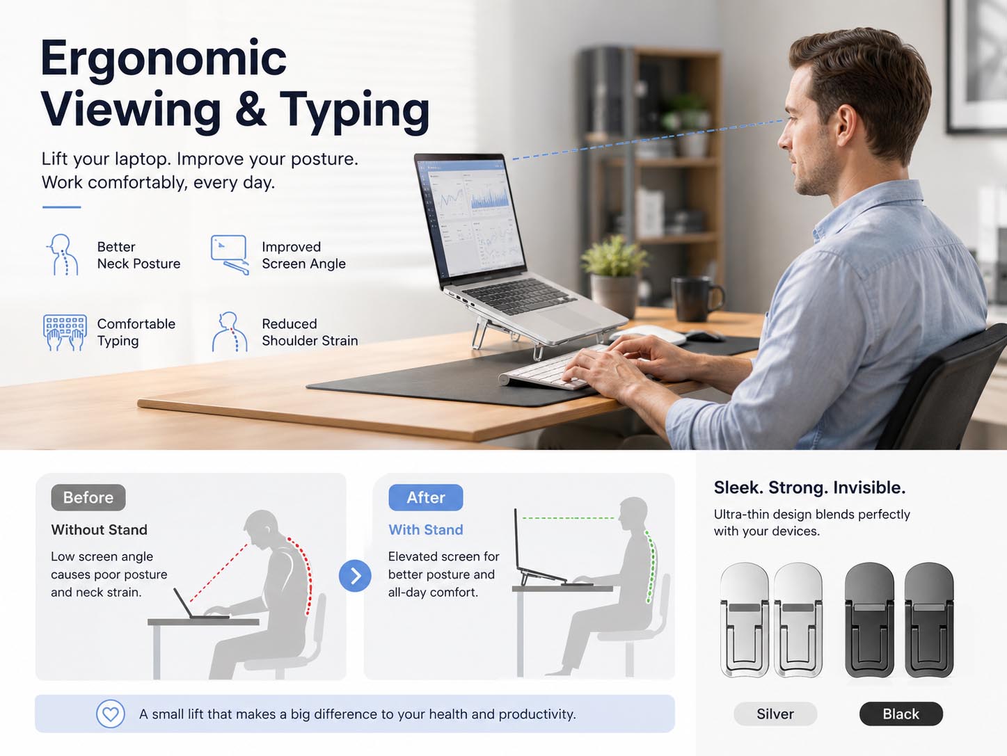 Laptop raised to a comfortable ergonomic viewing and typing angle