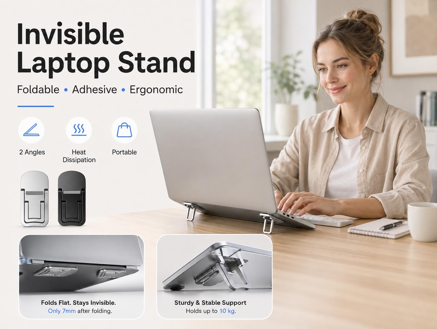 Invisible zinc alloy laptop stand folded under a laptop