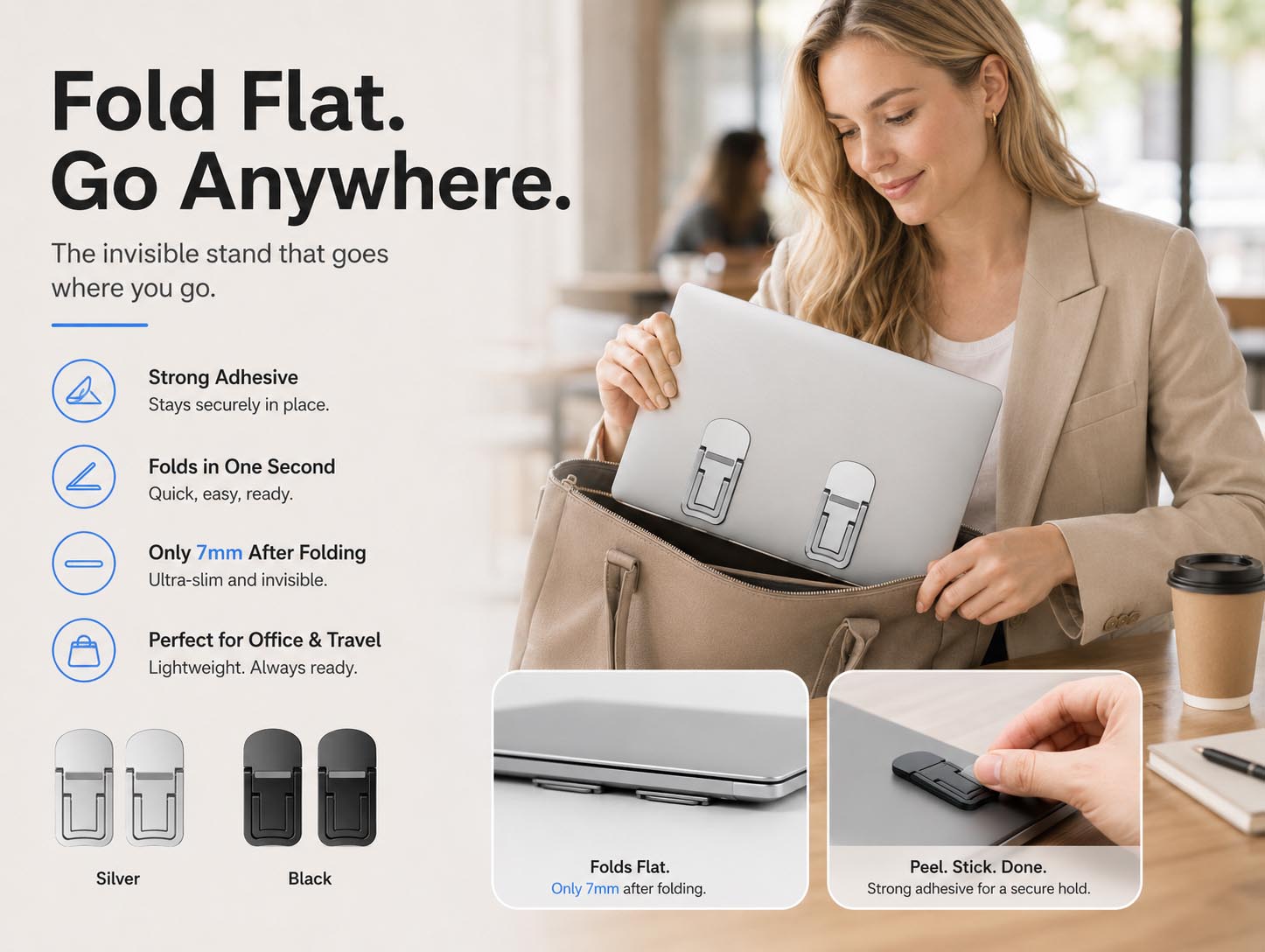 Portable laptop stand shown in black and silver