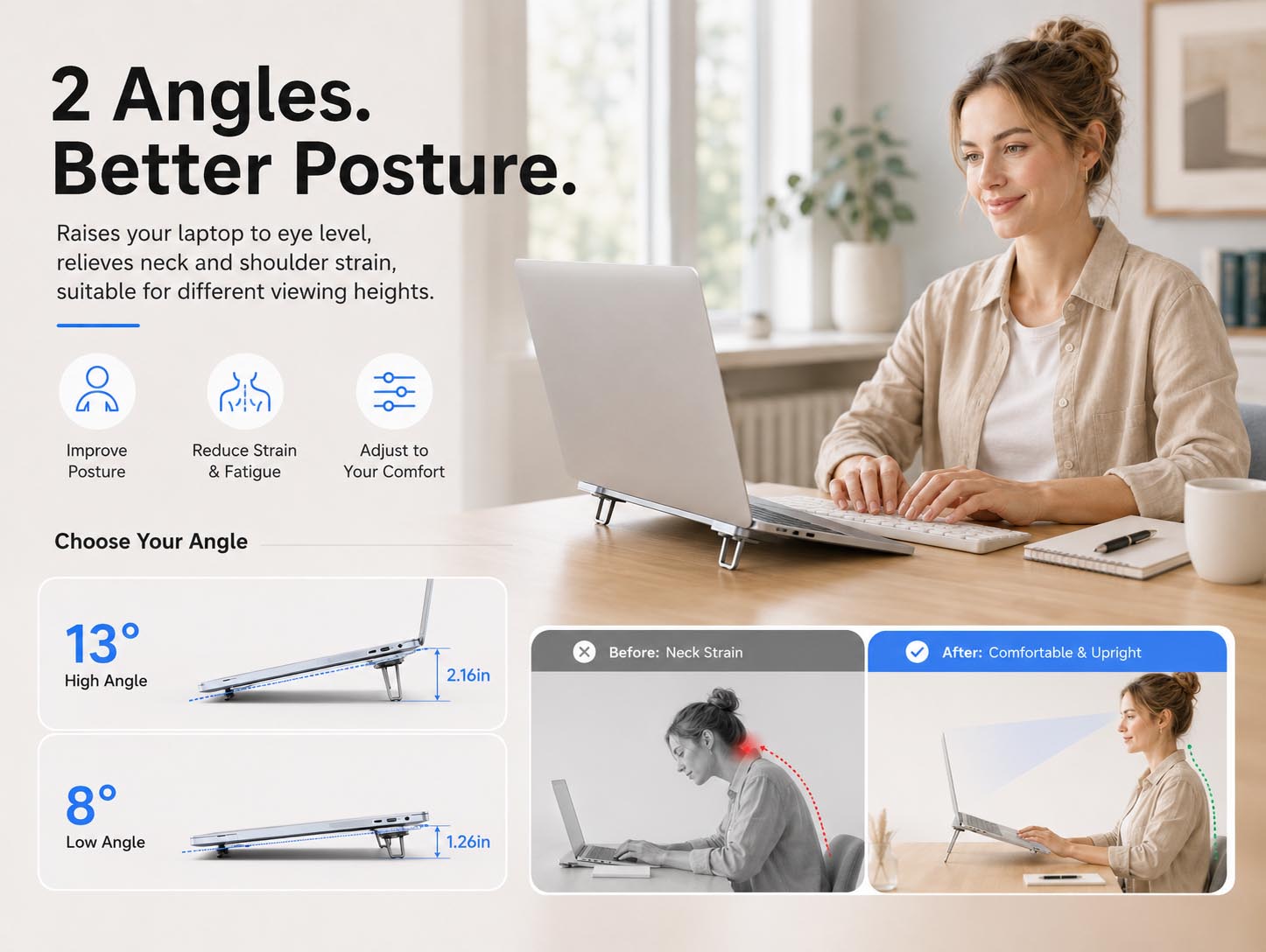 Two adjustable ergonomic laptop stand angles
