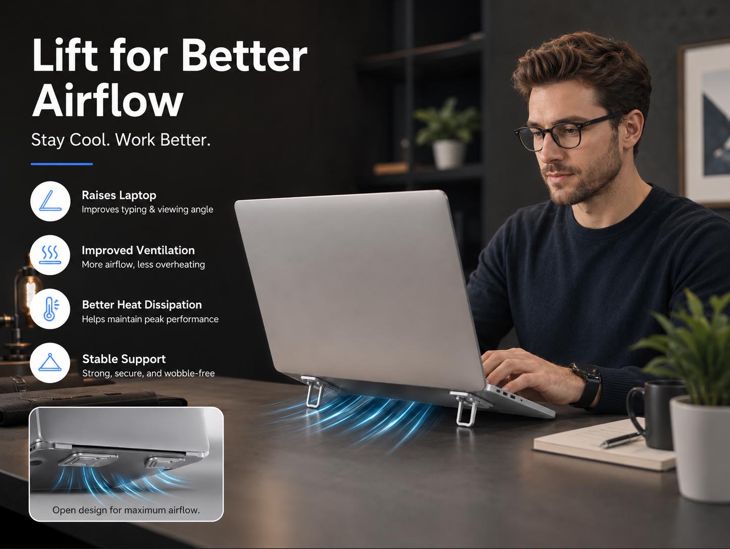 Slim laptop stand ready for work and travel