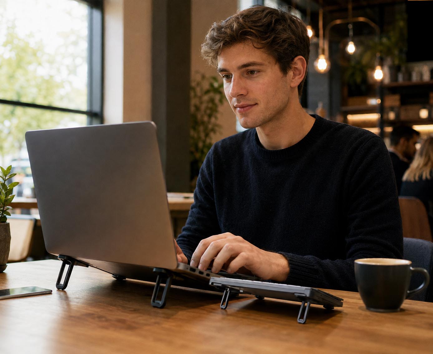 Marcus traveling with a slim laptop stand
